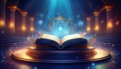 Floating Spellbook Podium- A podium that resembles an open spellbook floating in mid-air, with pages turning slowly and mystical symbols glowing