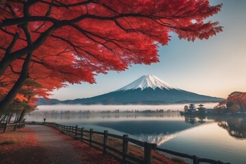 Poster - A serene view of Mount Fuji through a canopy of vibrant red leaves