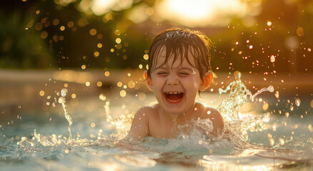 Sticker - A little boy laughing and playing in the pool, splashing water around him with joy