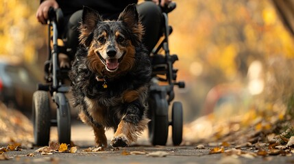 Poster - A person with a disability exercising outdoors with their dog showing the motivation and companionship the pet provides during physical activities Stock Photo with copy space