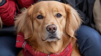 Poster - A therapy dog sitting calmly beside a person with a disability during a community event illustrating the social connection the pet helps to foster Stock Photo with copy space