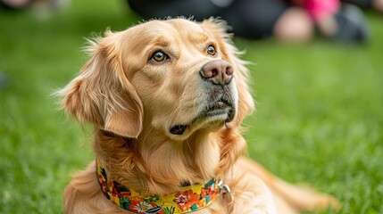Poster - A therapy dog sitting calmly beside a person with a disability during a community event illustrating the social connection the pet helps to foster Stock Photo with copy space