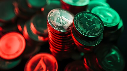 Wall Mural - Close-up of a stack of silver cryptocurrency coins, illuminated in red and green light.