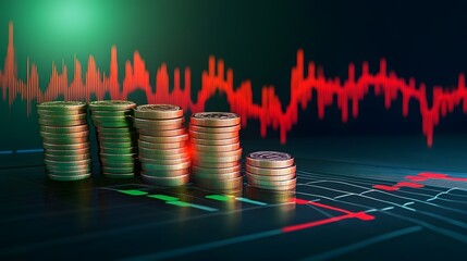 Poster - Stacks of gold coins sit on a financial chart, illustrating the fluctuating stock market.
