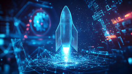 Poster - a blue glowing light bulb rocket launch on a wireframe light connection structure. abstract geometri