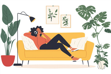 Poster - woman is sitting on a couch listening to music. She is wearing headphones and she is relaxed. The couch is yellow and there are potted plants in the background