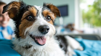 Poster - A therapy dog visiting a hospital to comfort a patient with a physical disability showing the animals role in providing emotional support and healing Stock Photo with copy space