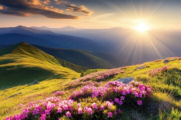 Wall Mural - Sunrise illuminating a mountain landscape with blooming pink flowers and rolling green hills.