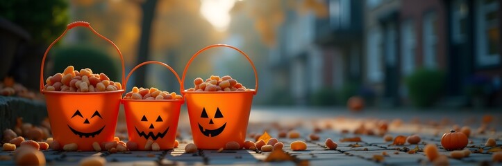 Canvas Print - Three jack-o'-lantern buckets filled with Halloween candies on a brick path, surrounded by autumn leaves