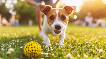 Poster - A person with a disability playing fetch with their dog in an open field showing the joy and physical activity that the pet encourages Stock Photo with copy space