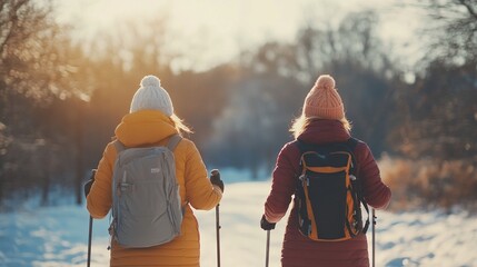 Two adventurers in vibrant winter gear trek through a snowy landscape at golden hour, their backpacks and ski poles silhouetted against the glistening white path ahead.