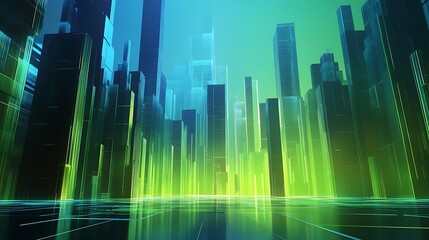 Futuristic Neon Cityscape - Abstract 3D Low-Poly Buildings in Vibrant Green and Blue Gradient Background