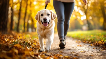 Poster - A person with a disability walking with their dog along a scenic trail showing the motivation and companionship the pet provides for outdoor activities Stock Photo with copy space