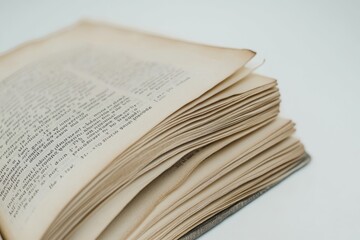 a close-up of an open book's pages with interesting text illustration on a clear white background --