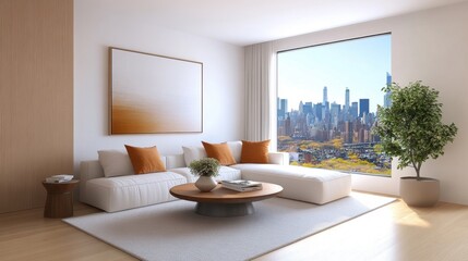 Wall Mural - Modern minimalist living room with a large window showcasing a city skyline, neutral tones, and a sleek white sofa