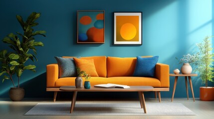 Sticker - Retro living room with vintage furniture, bold colors, and a nostalgic 1970s vibe