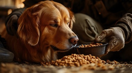 Poster - A person with a disability feeding their dog in a kitchen emphasizing the mutual care and companionship between the pet and the owner Stock Photo with copy space