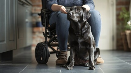 Poster - A person with a disability feeding their dog in a kitchen emphasizing the mutual care and companionship between the pet and the owner Stock Photo with copy space