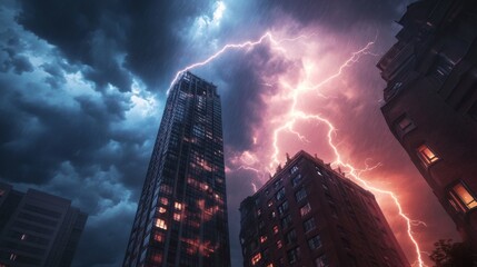 Poster - High-resolution view of lightning striking a tall building during a summer thunderstorm, with dramatic illumination and stormy clouds overhead.