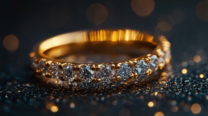 Poster - Macro shot of a gold ring encrusted with diamonds, its delicate design and fine gold texture captured in detail, symbolizing luxury.