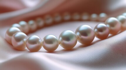 Poster - Macro shot of a pearl bracelet resting on a silk fabric, focusing on the soft shimmer and perfect roundness of the pearls.