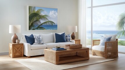 Wall Mural - Tropical living room with rattan furniture, palm leaf prints, and a breezy, relaxed feel