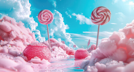 Wall Mural - A whimsical candy-coated landscape, with lollipops and chocolate spheres, set against a blue sky backdrop