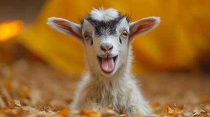 A cute baby goat with black and white markings, lying on straw with its mouth open, looks directly at the camera.