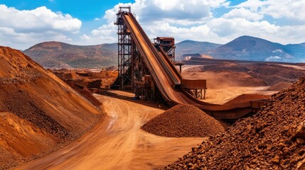 A large pile of dirt and rocks with a conveyor belt in the middle