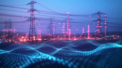 Poster - Visualization of electric waves coursing through a futuristic power grid, illustrating the concept of smart cities and renewable energy systems.