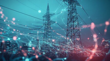 Aufkleber - Visualization of electric waves coursing through a futuristic power grid, illustrating the concept of smart cities and renewable energy systems.