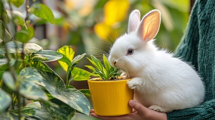 Poster - A child feeding a pet rabbit in a cozy kitchen setting illustrating how caring for an animal teaches responsibility and fosters a sense of duty. Stock Photo with copy space