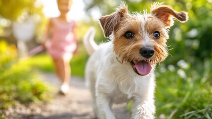Poster - A young child giggling as they chase a playful dog around a sunny garden showing how pets encourage active play and outdoor physical activity. Stock Photo with copy space
