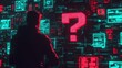 © Nate the Cat - Information security analysts, protect company information, cyber attack, hacker, digital screen displaying data, red question mark
