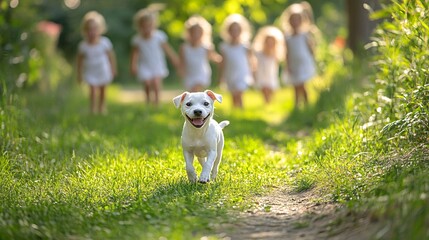 Poster - A group of children playing in a park with a dog interacting happily showing how pets facilitate social interactions and help develop communication skills. Stock Photo with copy space