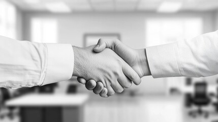 A black-and-white image of two hands shaking in an office setting, symbolizing a business agreement or partnership. The monochrome palette adds a classic and professional touch to the image.

Concept: