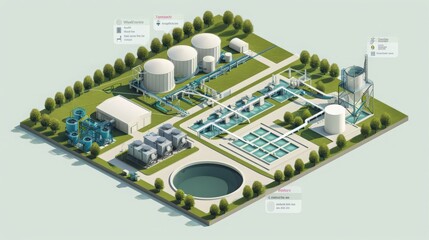 Poster - a diagram showing the stages of wastewater treatment, from initial screening to final discharge.