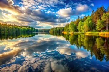 Wall Mural - stylized lake wallpaper background art with a tilt angle, lake, calming, perspective, stylized, tilt