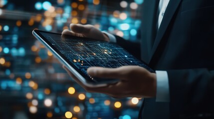 Poster - a digital tablet in the hands of a businessman showcases blockchain technology and data encryption,