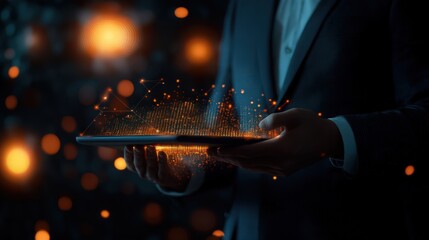 Poster - a digital tablet in the hands of a businessman showcases blockchain technology and data encryption,