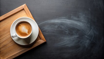 a cup of coffee placed on a black board at a tilted angle, table, concept, espresso, hot, angle, dri