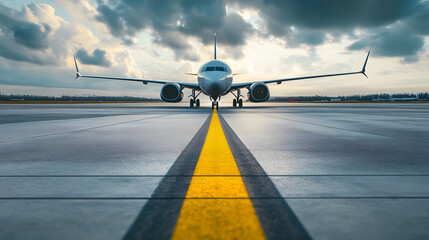 Wall Mural - Airplane taxiing on runway at airport with yellow line.