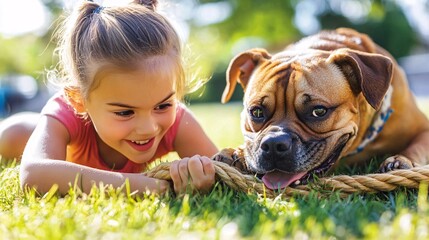 Poster - A child and a dog engaged in a playful tug-of-war game in a sunny backyard capturing the active play and physical engagement encouraged by pets. Stock Photo with copy space