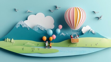 Summer paper cut background concept. Colorful hot air balloons and clouds flying in the sky and copy space. Paper art design.