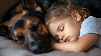 Poster - A pet dog lying quietly beside a sleeping child in a nursery room emphasizing the emotional comfort and sense of security provided by the pet. Stock Photo with copy space