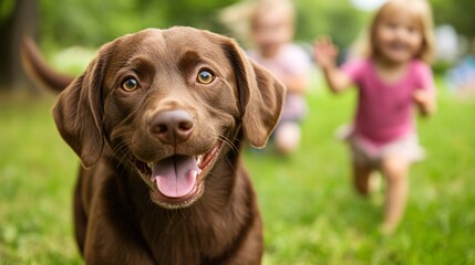 Poster - A child playing with a group of friends in a park while their pet dog runs alongside them showing the social benefits and enhanced interaction facilitated by pets. Stock Photo with copy space