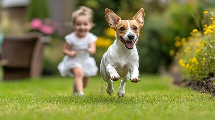 Poster - A child and a pet dog having fun running around a garden demonstrating the encouragement of active play and physical exercise through pet companionship. Stock Photo with copy space