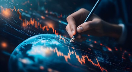 A business person is drawing an upward trending graph with colorful lines on the background of global market upward financial chart. The concept of symbolizes growth financial services. 