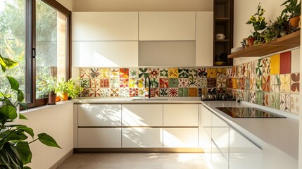 A modern kitchen with white cabinetry, colorful patterned tiles as a backsplash, and sunlight streaming in from a large window, creating a warm and inviting atmosphere
Concept: modern kitchen, home in