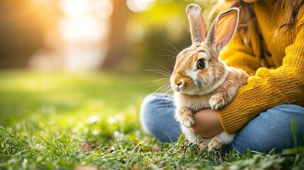 Poster - A child playing with a pet rabbit in a garden showing the active play and interaction facilitated by having a pet. Stock Photo with copy space
